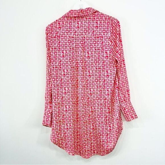 VICI Brenleigh Pink Red Geometric Print Poly Satin Button Down Tunic Mini Dress - Picture 9 of 16